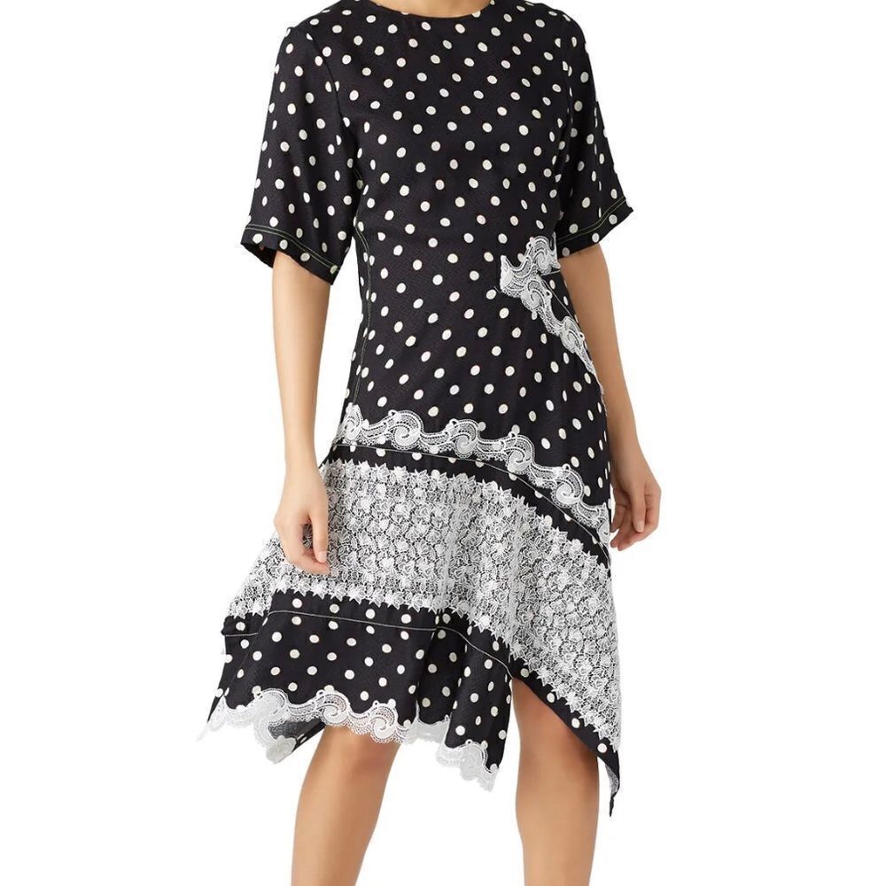 Koche Silk Blend Polka Dot Panel Black Asymmetrical Hem‎ Midi Dress US 10 EUR 42